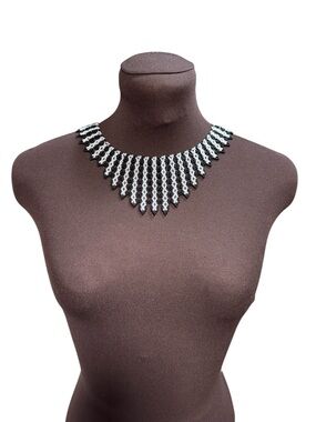 Handmade Black White Beaded Choker Necklace Boho Statement Collar Elegant